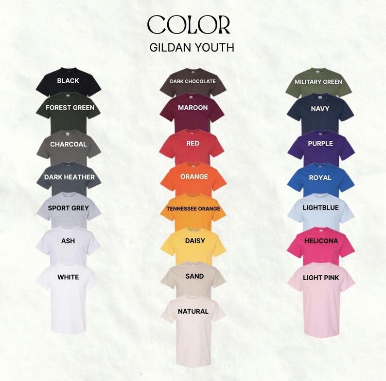 May include: A colour chart of Gildan Youth t-shirts in various colours, including black, white, red, and orange. The text "COLOUR" and "GILDAN YOUTH" are displayed at the top. Each shirt is neatly arranged, showcasing the available colour options.