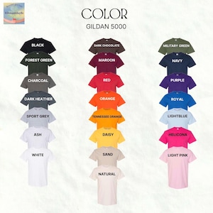 May include: A selection of Gildan 5000 t-shirts in a range of colours, such as black, forest green, charcoal, dark heather, sport grey, ash, white, dark chocolate, maroon, red, orange, and others. The word "COLOR" is at the top.