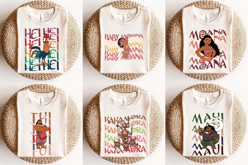 May include: Six cream-colored t-shirts with colorful graphics from the animated movie Moana. The shirts feature characters Hei Hei, Baby Moana, Moana, Tui, Kakamora, and Maui, with their names printed in various fonts.