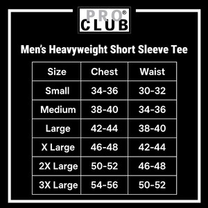 May include: Black and white graphic with the text "PRO CLUB" and "Men's Heavyweight Short Sleeve Tee." A size chart displays chest and waist measurements for sizes small to 3X large, with chest measurements ranging from 34-56 inches and waist measurements from 30-52 inches.