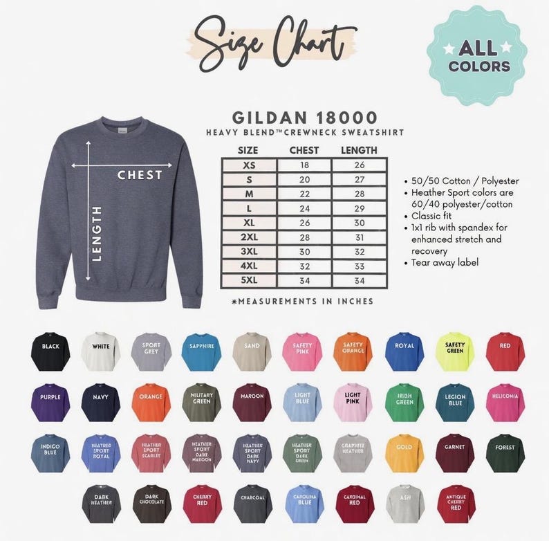 May include: A navy blue Gildan 18000 crewneck sweatshirt with a size chart and colour options. The size chart shows chest and length measurements in inches. The available colours include black, white, and red.