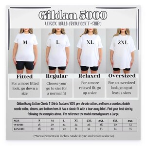 May include: A product image showcasing a Gildan 5000 unisex adult crewneck t-shirt. The image displays four models wearing white t-shirts in sizes M, L, XL, and 2XL. The graphic includes a size chart with measurements in inches and details about the shirt's features.