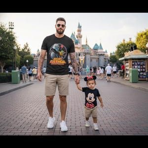 May include: A father and child are walking on a brick path. The father wears a black t-shirt with a "Best Father Ever" graphic and khaki shorts. The child wears a Mickey Mouse t-shirt, shorts, and a Minnie Mouse bow. A castle is in the background.