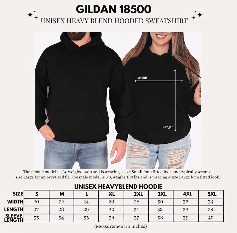 May include: Black unisex heavy blend hooded sweatshirt. The image includes a size chart with measurements in inches. The sweatshirt is available in sizes S to 5XL. The model is wearing a size Small for a fitted look and Large for an oversized fit.