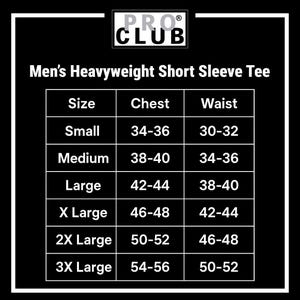 May include: Black and white graphic with the text "PRO CLUB" and "Men's Heavyweight Short Sleeve Tee." A size chart displays chest and waist measurements for sizes small to 3X large, with chest measurements ranging from 34-36 to 54-56 inches.