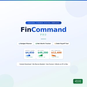 Könnte beinhalten: Digitales Finanzvorlagen-Template "FinCommand PRO" mit Budgetplaner, Vermögenswert-Tracker und Schuldenrückzahlungstool. Zeigt monatliches Budget, Nettovermögen und Restschulden an. Kompatibel mit PC & Mac.