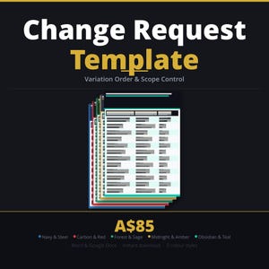 May include: A Change Request Template document stack with the title in white and gold text. The documents are in various colours, with the price listed as A$85. The text also includes "Variation Order & Scope Control".
