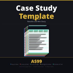 May include: A stack of colorful documents with the text "Case Study Template" in white and gold. The documents have a graph design and the text "Results-Led Win Story". The image also includes the text "A$99" and color style options.