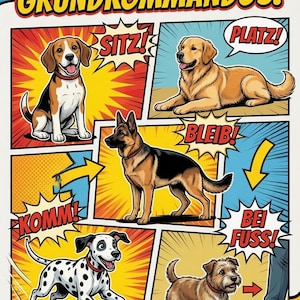 Op de afbeelding: Stripachtige illustratie in het Duits, met honden die commando's uitvoeren zoals 'zit', 'blijf', 'kom' en 'voet'. Tekst bevat 'Hunde Grundkommandos!' en 'Für fröhliche & gehorsame Hunde!'. Achtergrond met geel, rood en blauw.