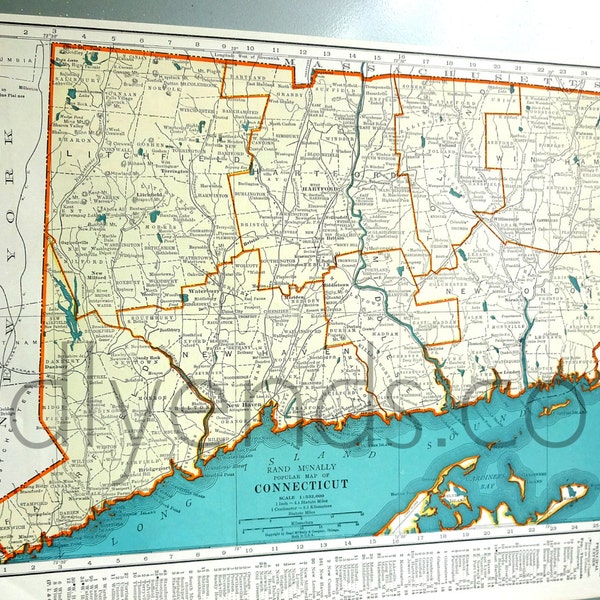 Vintage Connecticut Map, 1939 Original Atlas Antique, New Haven, Hartford