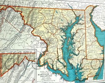 Vintage Map Maryland and Delaware, 1939 Original Atlas Antique Map, Baltimore