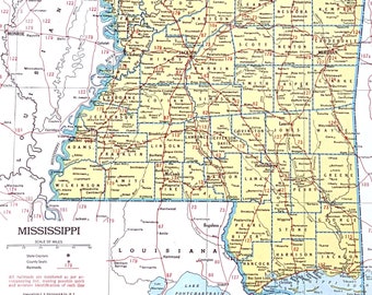 Vintage Mississippi Map, 1945 Original Atlas Antique, Jackson, Mississippi River, Biloxi