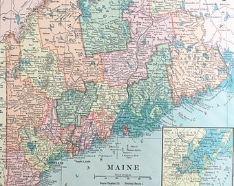 Vintage Maine Map, 1904 Original Atlas Antique, Portland, Bangor, Augusta