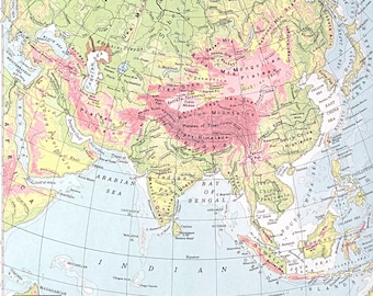 Vintage Asia Topographic Map, 1945 Original Atlas Antique, India, China, Russia, Japan, Vietnam, Thailand