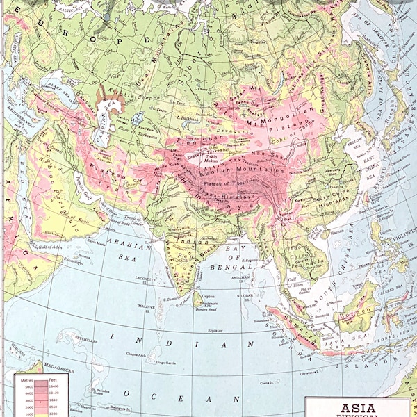 Vintage Asia Topographic Map, 1945 Original Atlas Antique, India, China, Russia, Japan, Vietnam, Thailand