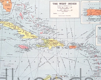 Vintage West Indies Map, 1945 Original Atlas Antique, Cuba, Jamaica, Puerto Rico, Virgin Islands