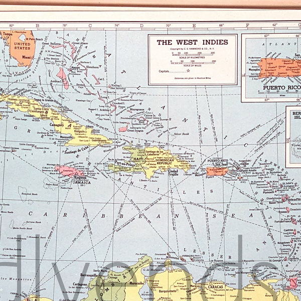 Vintage West Indies Map, 1945 Original Atlas Antique, Cuba, Jamaica, Puerto Rico, Virgin Islands