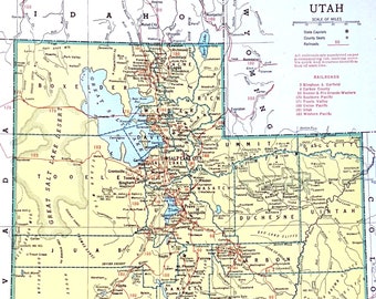 Vintage Utah Map, 1945 Original Atlas Antique, Salt Lake City, Provo, Park City, Ogden