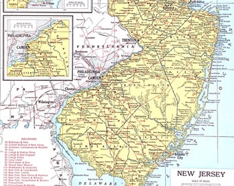 Vintage New Jersey Map, 1945 Original Atlas Antique, Atlantic City, Jersey City, Newark