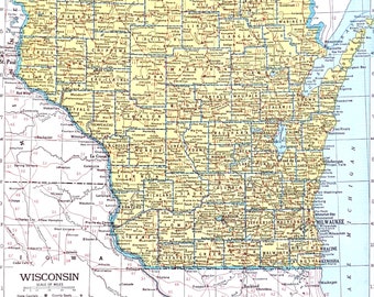 Vintage Wisconsin Map, 1945 Original Atlas Antique, Milwaukee, Green Bay, Sheboygan