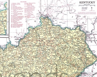 Vintage Kentucky Map, 1945 Original Atlas Antique, Louisville, Lexington