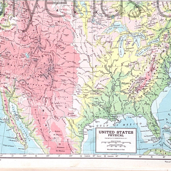 Vintage United States Topographic Map, 1945 Original Atlas Antique, USA, California, Michigan, Washington, Florida, Colorado