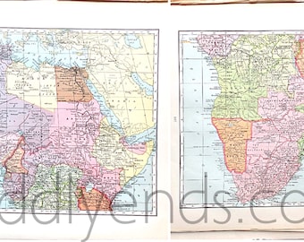 SET OF 2 Africa Map, 1938 Original Vintage Atlas Antique, Egypt, South Africa, Morocco, Zimbabwe, Kenya, Ethiopia