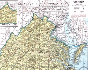 Vintage Virginia Map, 1945 Original Atlas Antique, Richmond, Virginia Beach