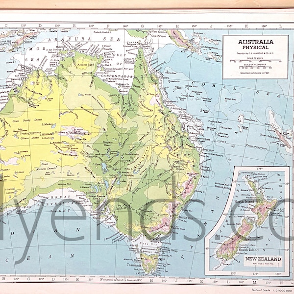 Vintage Australia Topographic Map, 1945 Original Atlas Antique, Sydney, Melbourne, Perth, Brisbane