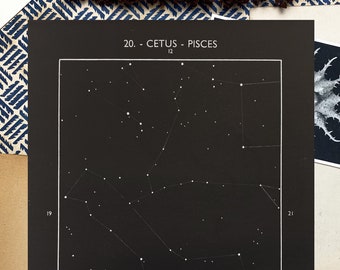 1950s Cetus & Pisces Constellation, Original Vintage Star Chart Space Astronomy Print, Antique Home Decor (ref20)