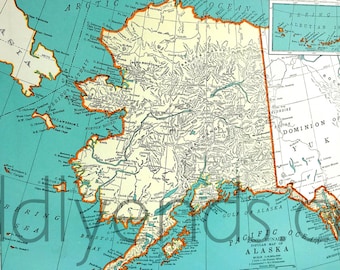 Vintage Alaska Map, 1939 Original Atlas Antique, Anchorage, Denali, Juneau, Fairbanks
