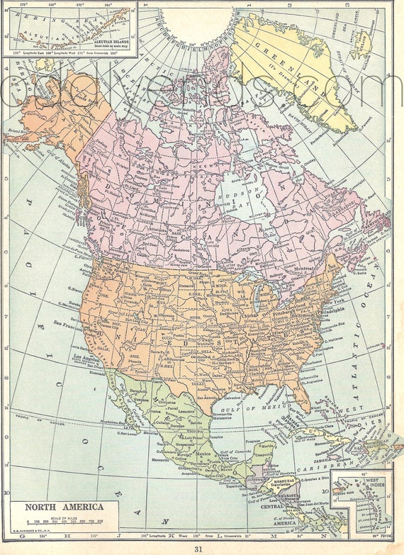 1939 North America Atlas Map Etsy