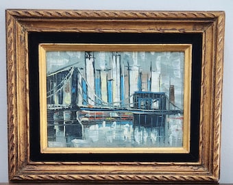 Vintage Brooklyn Bridge Oil Painting - Mid-Century Modern NYC Skyline Art - Brutalist - Original Framed Canvas