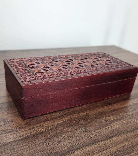 Vintage Carved Wooden Jewelry Box • 1970s Polish Folk Art Organizer