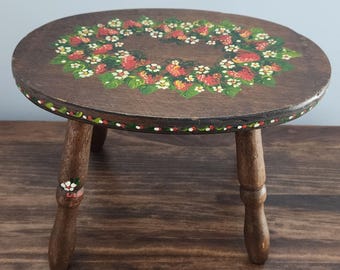 Vintage Handmade Hand-Painted Wooden Footstool - Strawberry Floral Design- Pennsylvania Dutch Style - Signed Folk Art
