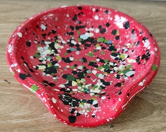Vintage MCM Atomic Red Splatter Drip Spoon Rest - Confetti Glaze Art Pottery