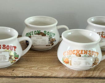 Set of 4 Vintage 1970s Soup Recipe Mugs - Retro Kitchen Decor