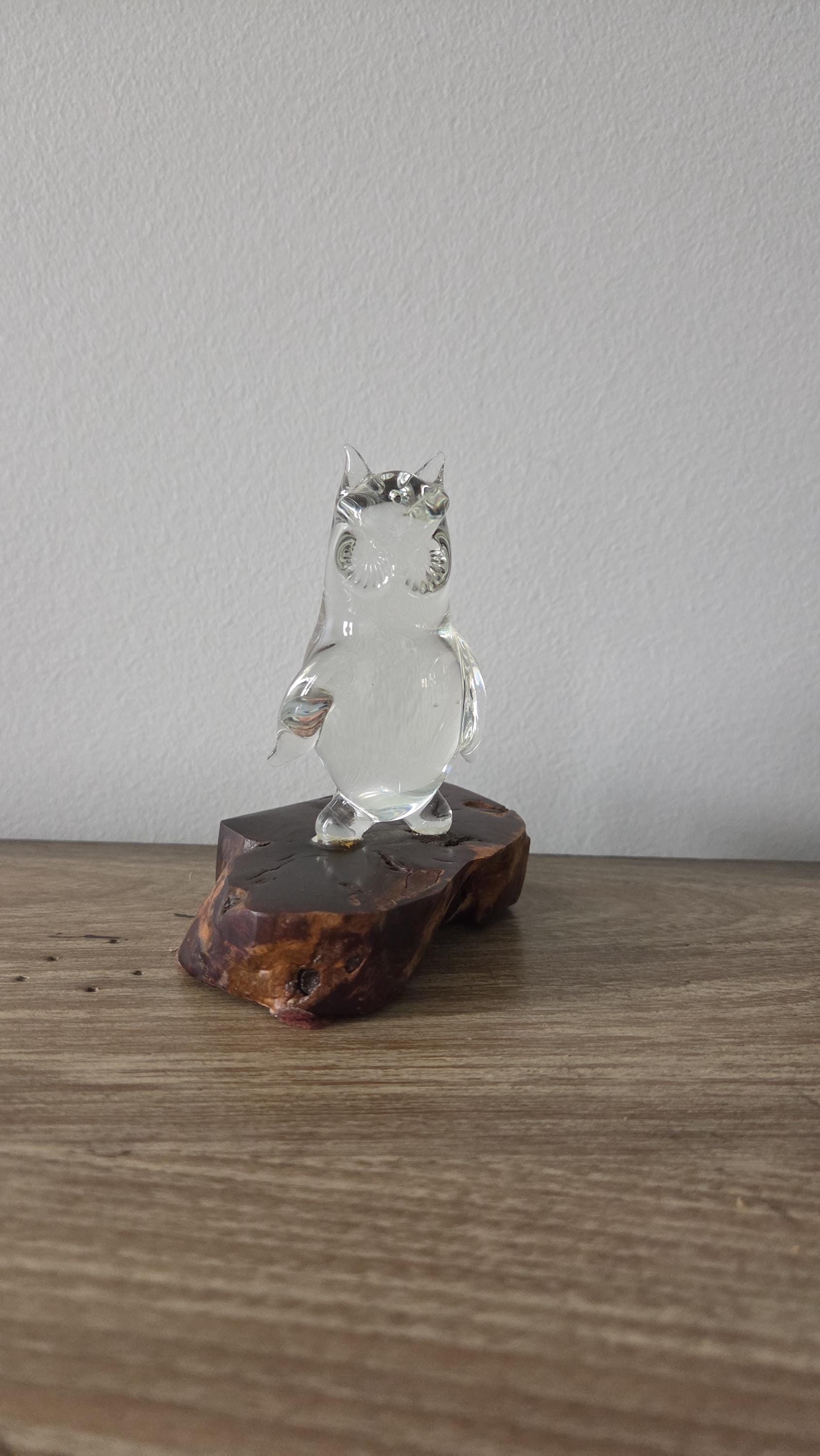 Vintage Crystal Owl Figurine on Natural Wood Burl Base, Clear Glass Bird Sculpture, Paperweight