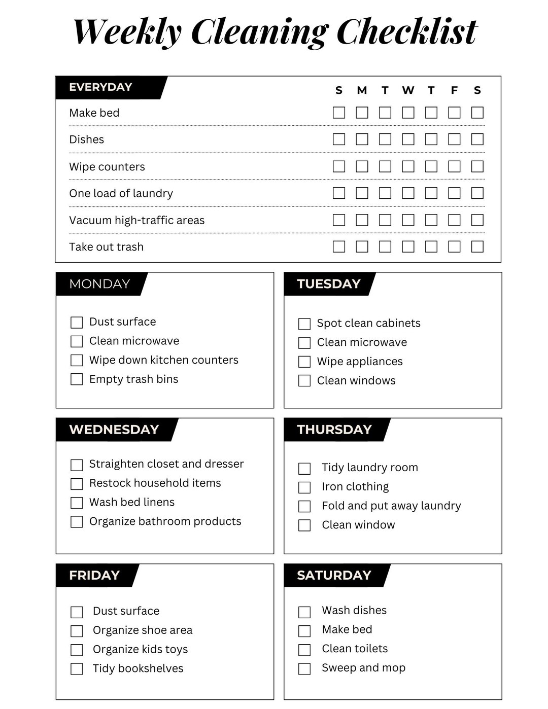 Printable Weekly Cleaning Checklist | Household Cleaning Planner ...