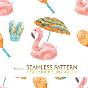 Puede incluir: Patrón sin costuras de acuarela con flotadores de flamenco rosa, sombrillas y chanclas en tonos rosa, naranja, azul y verde sobre un fondo blanco. El patrón incluye el texto "Seamless Pattern 12 x 12 inches JPG 300 DPI".