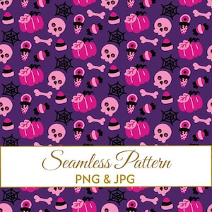 Seamless Purple Pumpkin Pattern JPG PNG, Pink Halloween Digital Paper, Dark Pastel Goth Skull Fabric Design, Spooky Cute Commercial Art