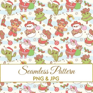 Seamless Christmas Pattern JPG PNG, Western Cowboy Snowman Digital Paper, Cute Gingerbread Cactus Fabric Design, Country Holiday Art Use