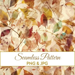 Puede incluir: Un patrón sin costuras con una ilustración en acuarela de hojas de otoño superpuestas en tonos marrón, amarillo, naranja y verde suave. Un recuadro blanco contiene el texto Seamless Pattern PNG & JPG en color dorado.