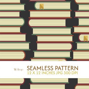 Puede incluir: Patrón sin costuras con pilas de libros con páginas color crema, lomos rojos y verdes y marcadores dorados. Los libros están dispuestos sobre un fondo gris oscuro. Incluye el texto "Seamless Pattern".
