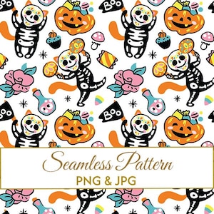 Puede incluir: Un patrón continuo con gatos esqueleto negros con caras de calavera, calabazas naranjas, rosas rosas, frascos de pociones turquesas y banderas negras con el texto Boo. El diseño incluye dulces coloridos y pequeñas estrellas sobre un fondo blanco.