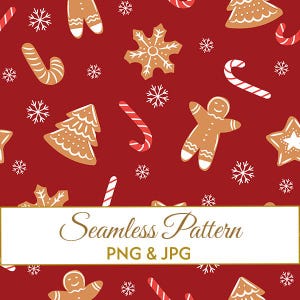 Puede incluir: Patrón navideño sin costuras sobre un fondo rojo. El diseño presenta hombres de jengibre, copos de nieve, bastones de caramelo y galletas de jengibre. El texto "Seamless Pattern PNG & JPG" se muestra en un rectángulo blanco.