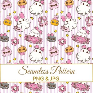 Padrão de listras rosa sem emendas em JPG e PNG, Fantasma fofo com laço em papel digital, Design de tecido kawaii pastel gótico, Arte assustadora para uso comercial