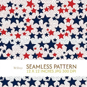 Puede incluir: Patrón sin costuras con un diseño repetido de estrellas rojas y azul marino sobre un fondo blanco salpicado de pequeños círculos rojos. El texto "SEAMLESS PATTERN 12 X 12 INCHES JPG 300 DPI" se muestra en un rectángulo blanco.