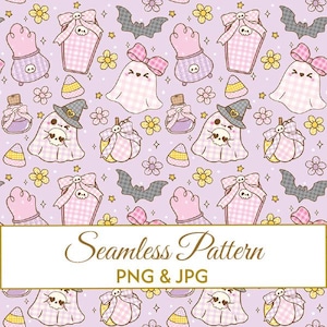 Padrão Pastel Goth sem emendas em JPG e PNG, Fantasma fofo com laço em papel digital, Design de tecido de bruxa lavanda kawaii, Arte comercial assustadora
