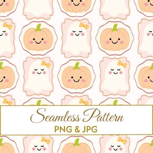 Cute Ghost with Bow Pattern Seamless, Halloween Frames JPG PNG Digital Paper, Kawaii Pumpkin Halloween Repeating Pattern Fabric Design
